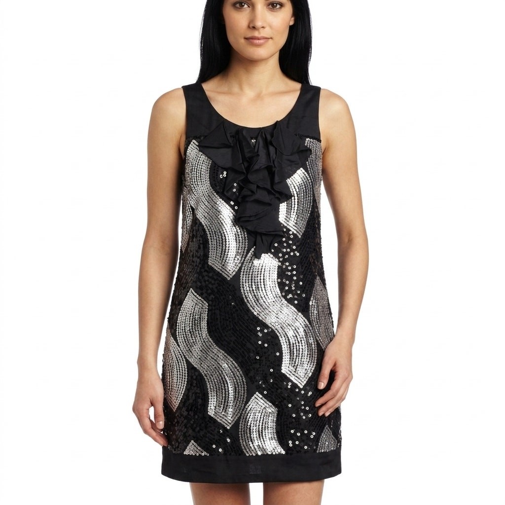 Hale Bob Silk Black Shift Short Geometric Lined Dress Women Size XS