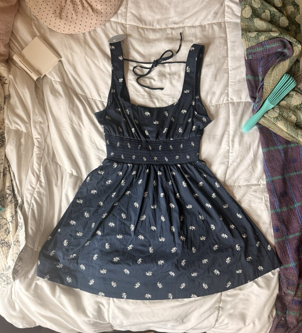 Hill House The Cher Dress Navy Floral Jacquard Smocked Sleeveless Square Neck