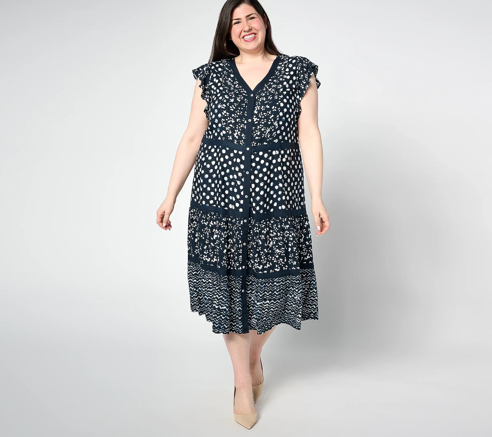 Dennis Basso Mixed Print Rayon Tiered Dress Indigo Blue Size XL A644399