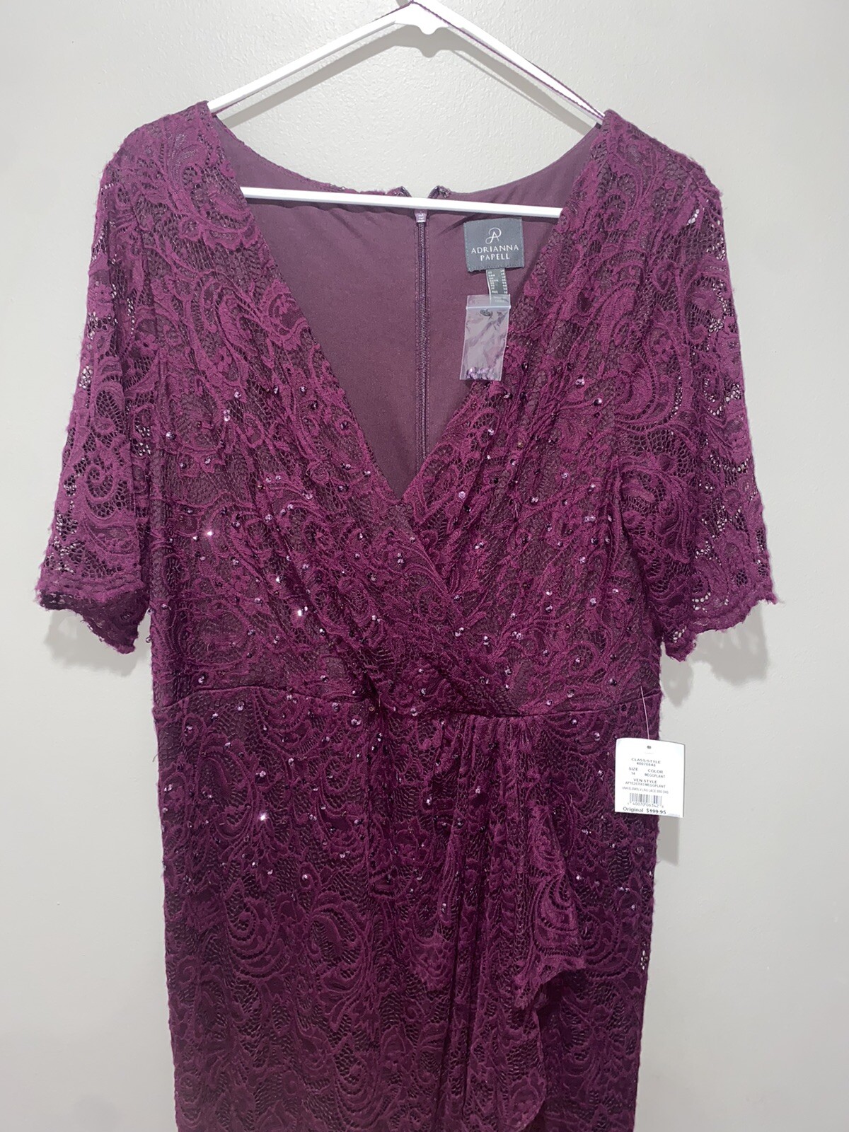 NWT Adrianna Papell Floor Length Lace Dress w/ Draped Skirt, Eggplant, sz 14
