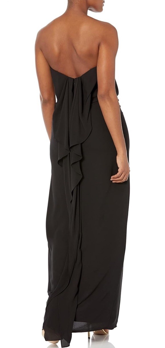 $425 Halston Heritage Strapless Drape Back Flowy Gown Bustier Slit Black 0