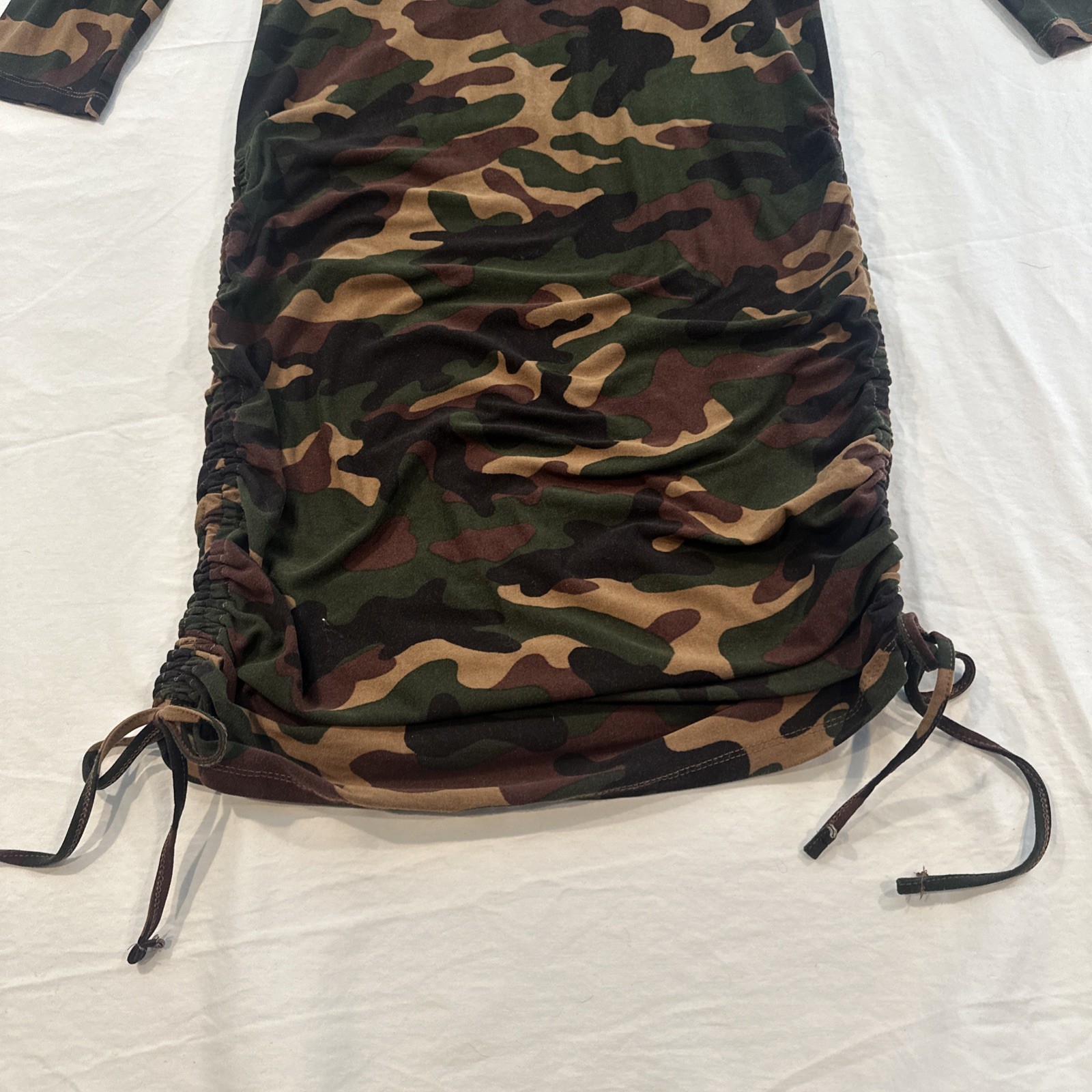 Edgy Alternative Bodycon Fitted Camo Dress Womens L Long Sleeve Ruched Discreet