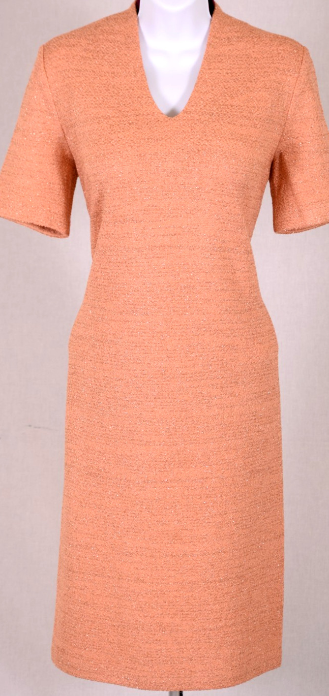 ST JOHN Women’s Knit Tweed Orange Metallic Throughout Shimmer Dress Sz 8