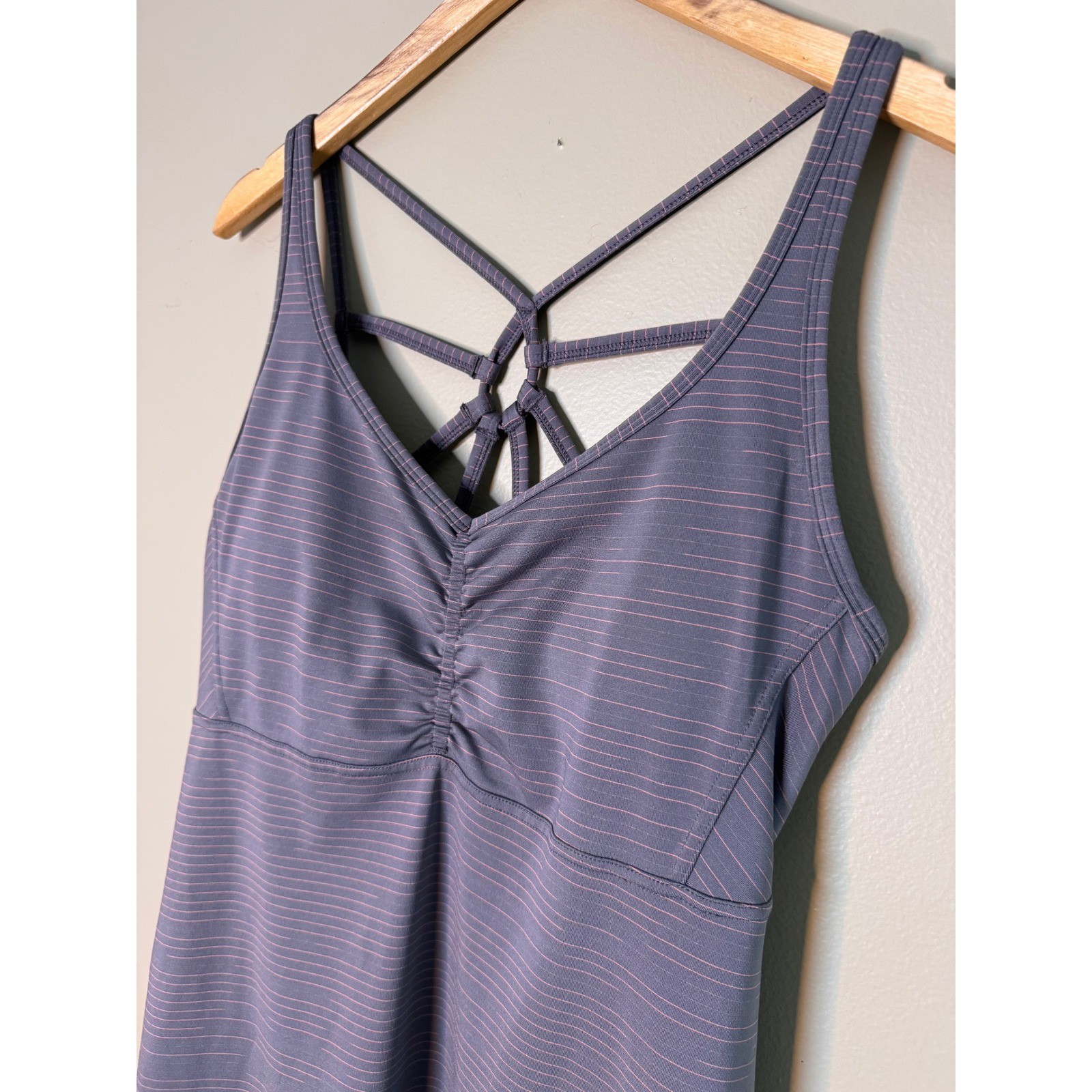 Prana Purple Striped Strappy Back Athletic Dress with Shelf Bra Womens Large