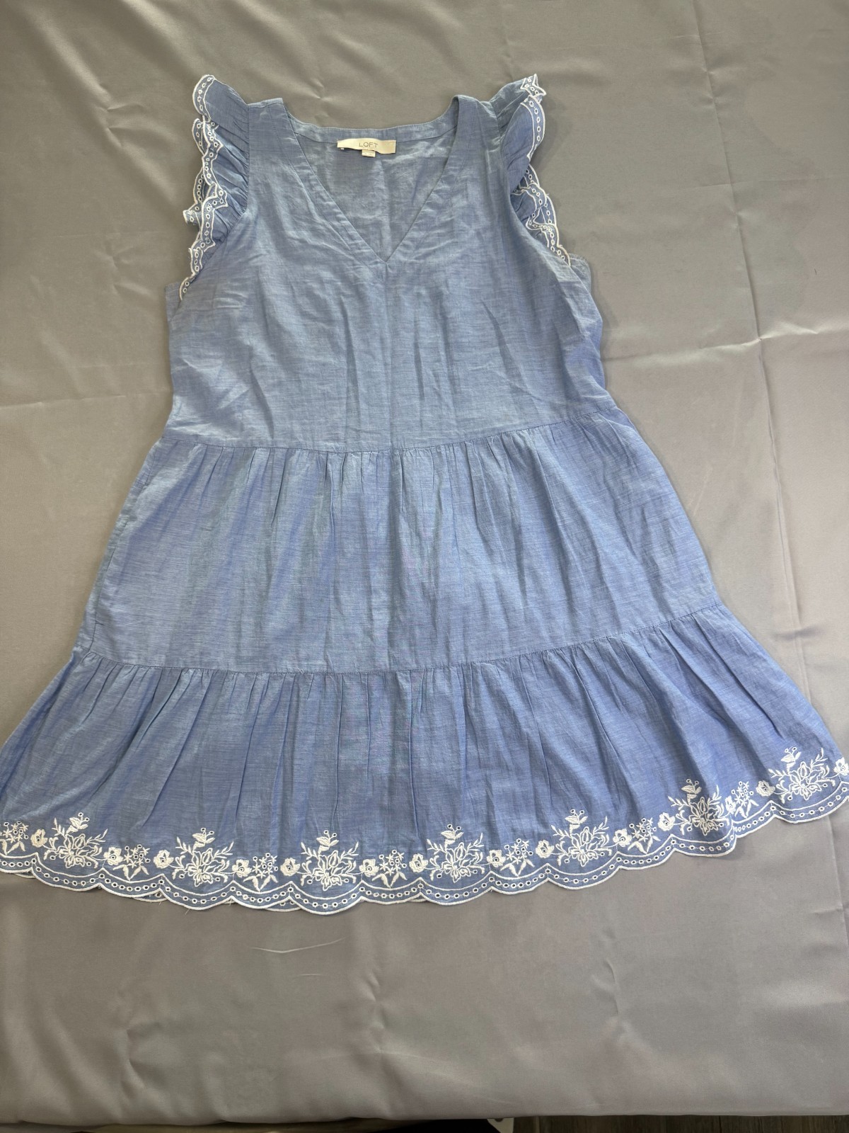 Loft Light Blue Sleeveless Tiered Mini Dress M With Pockets Embroidered Coastal