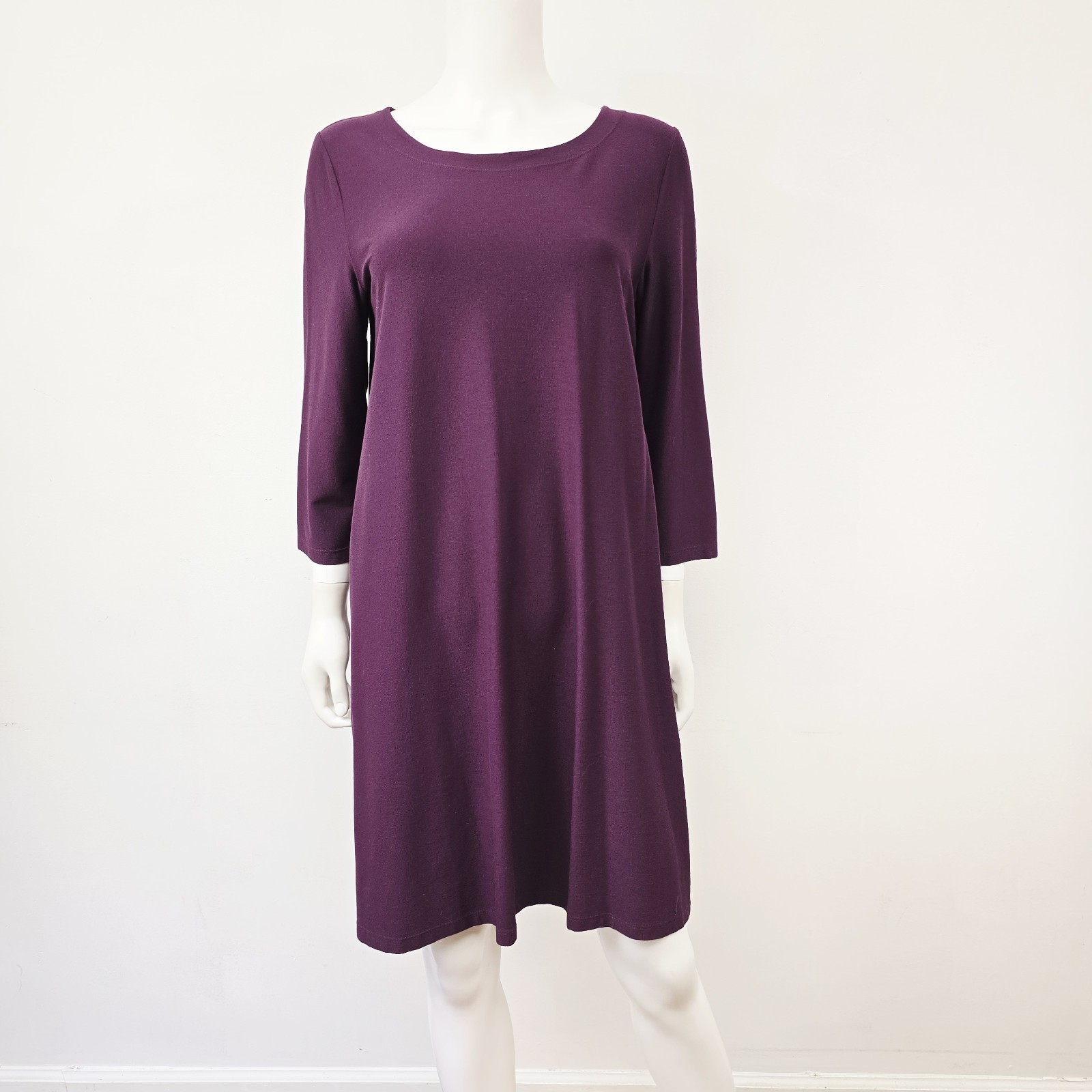 Eileen Fisher Shift Dress Size M Crepe Eggplant Purple 3/4 Sleeve Layering USA