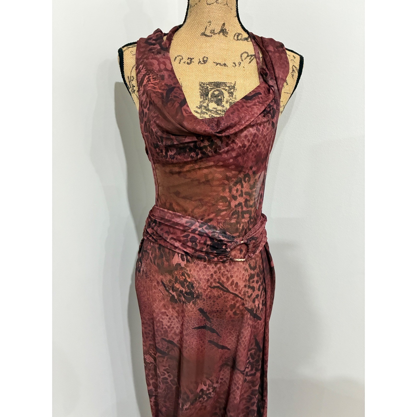 Sheer Mesh Animal Print Maxi Dress L Burgundy Red Cowl Neck Open Back Y2K