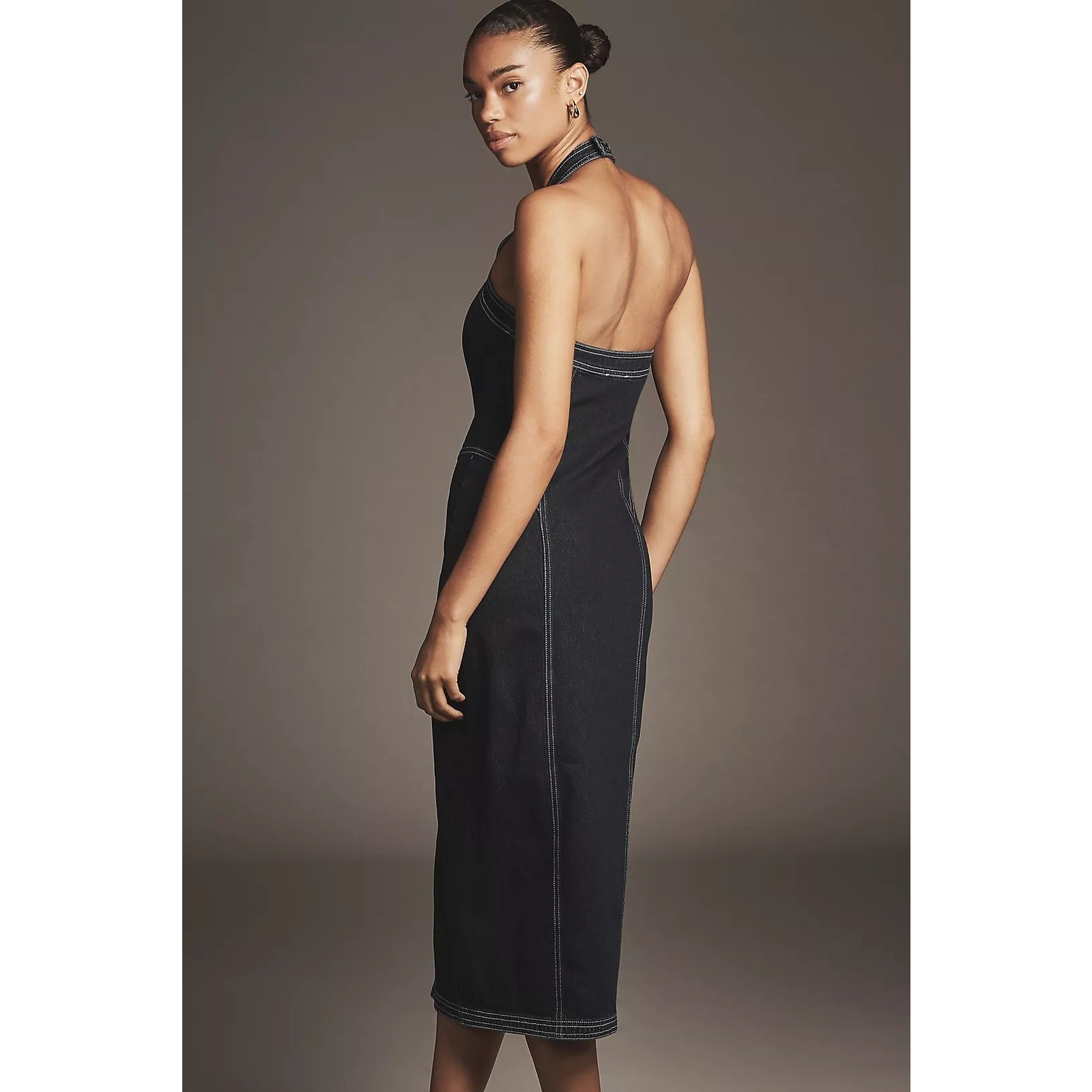 New Anthropologie Pilcro Front-Zip Halter Denim Midi Dress $178 MEDIUM Dark Blue