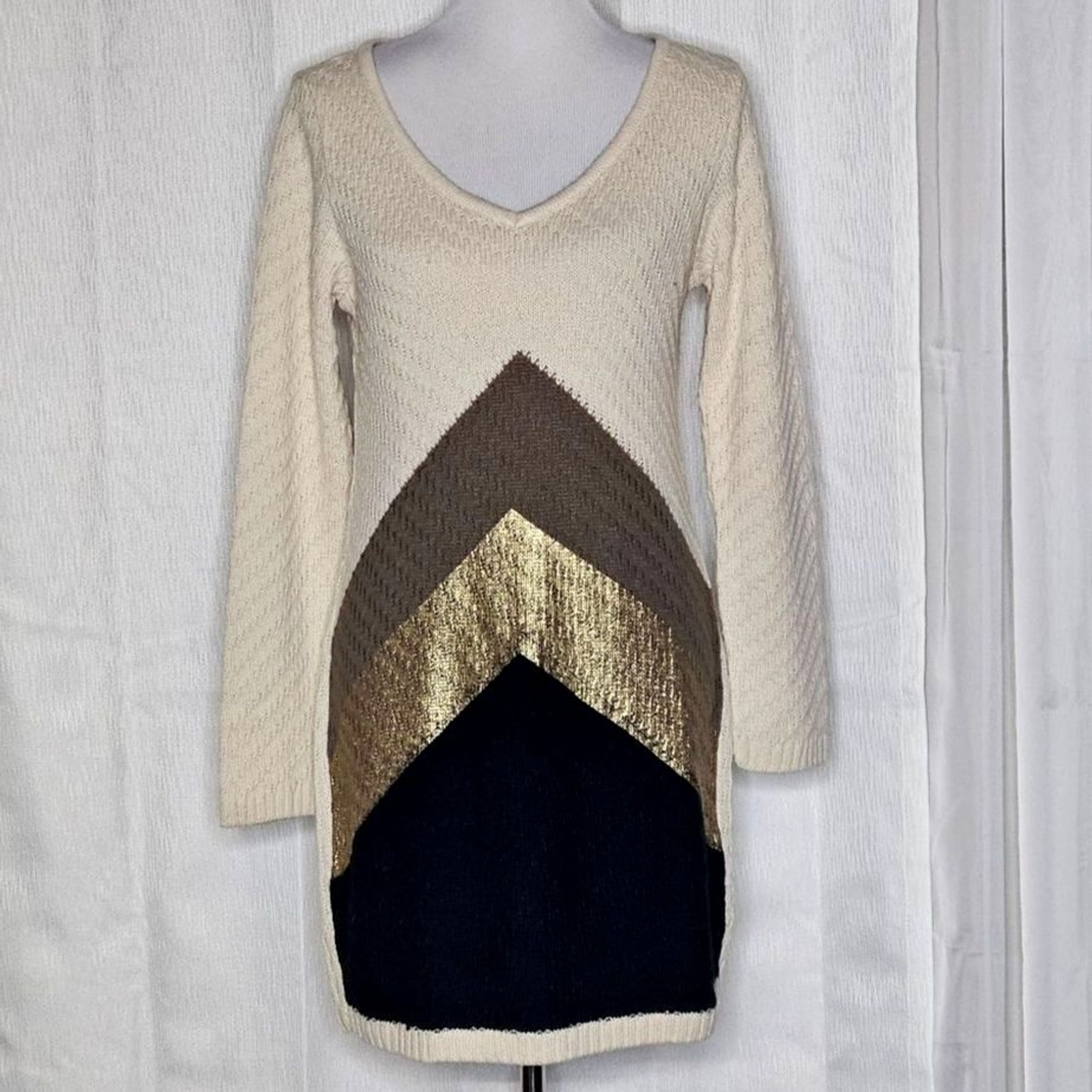Venus Cream Black Brown & Gold Metallic Diagonal ColorBlock Knit Sweater Dress