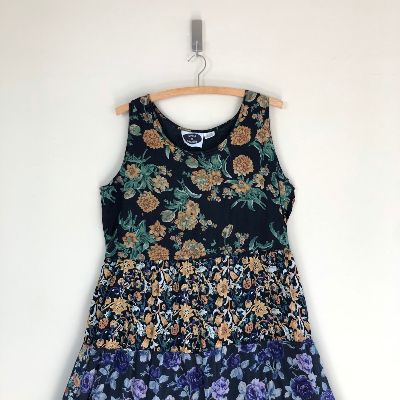 vintage india cotton gauze patchwork black floral dress 90s sheer cottagecore