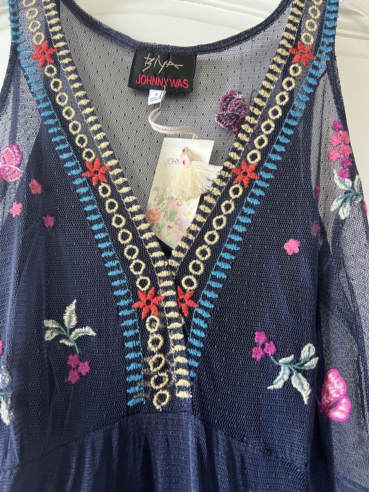NWT $425 Johnny Was blue nights Zinoviah Mesh Dress & Slip embroidered floral S