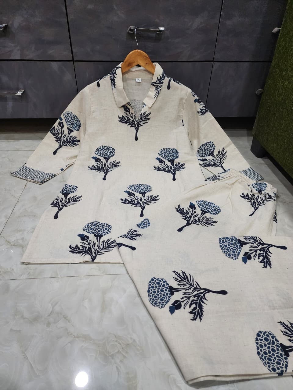 Women Off-White Cotton Flex Kurti Palazzo Set Printed Casual Tunic Indian Boho