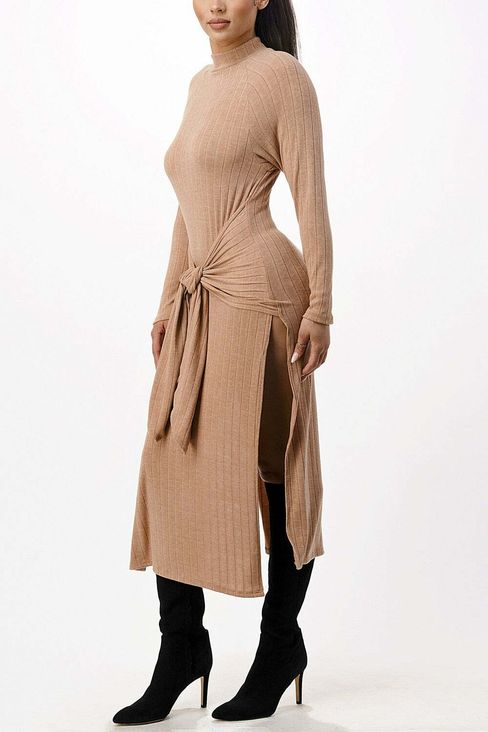 Womens Front Tie Midi Knit Long Sleeve Dress Winter Fashion 2022 Casual Wear