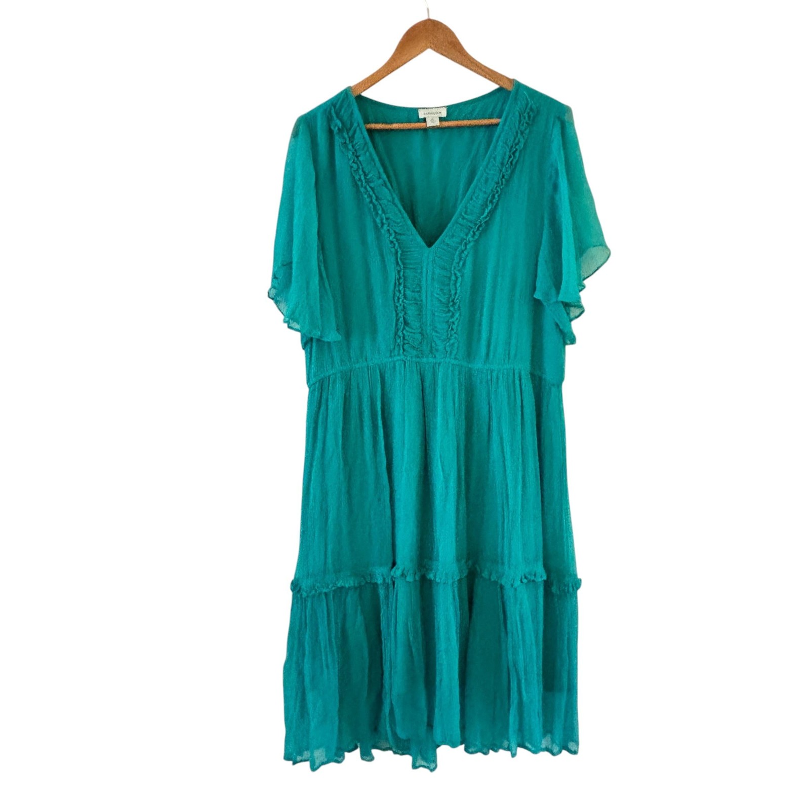 Sundance Teal Flutter Sleeve Midi Dress Womens XL Tiered Ruffle Boho Beach