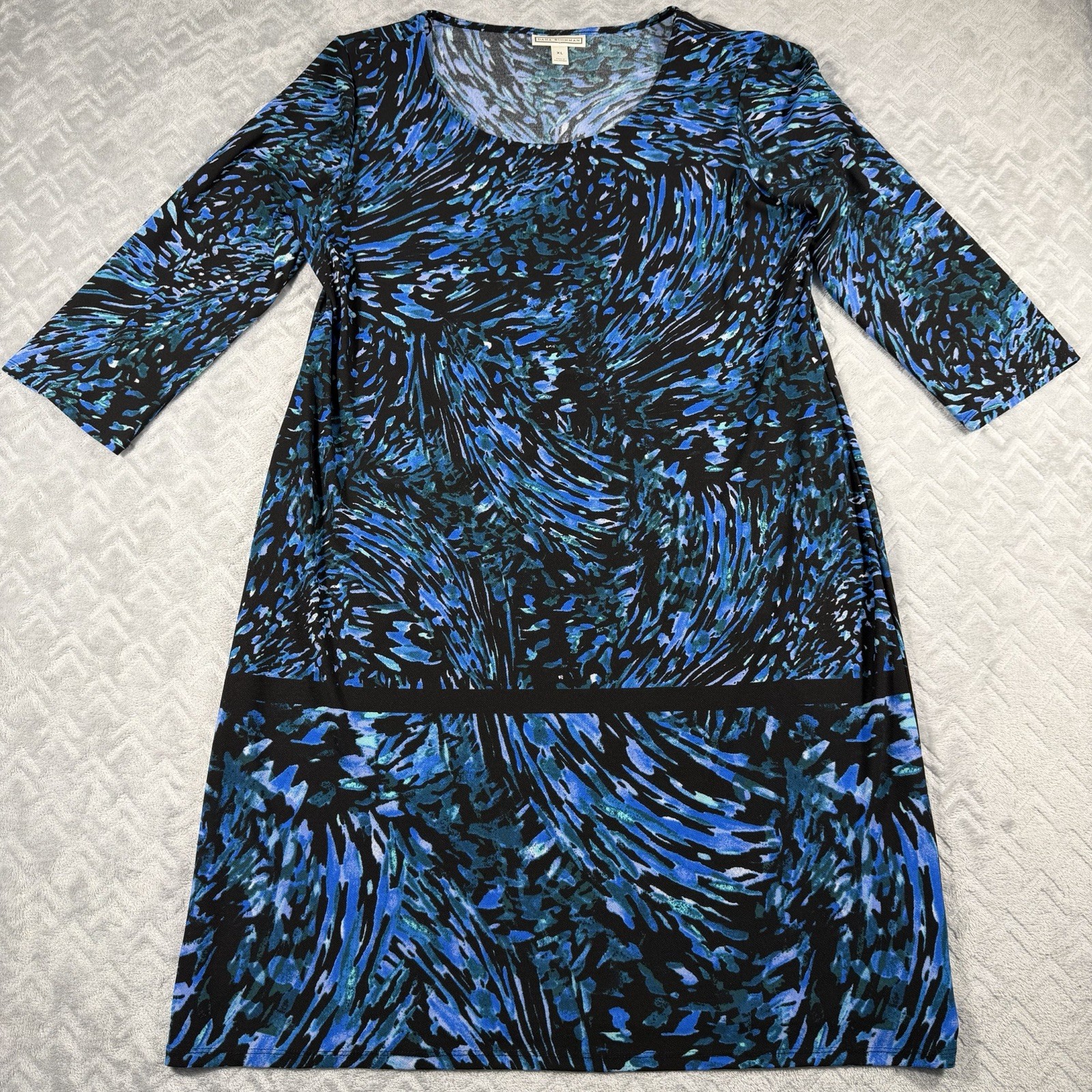 Dana Buchman Women’s XL Blue Printed Scoop Neck 3/4 Sleeve Midi Sheath Dress