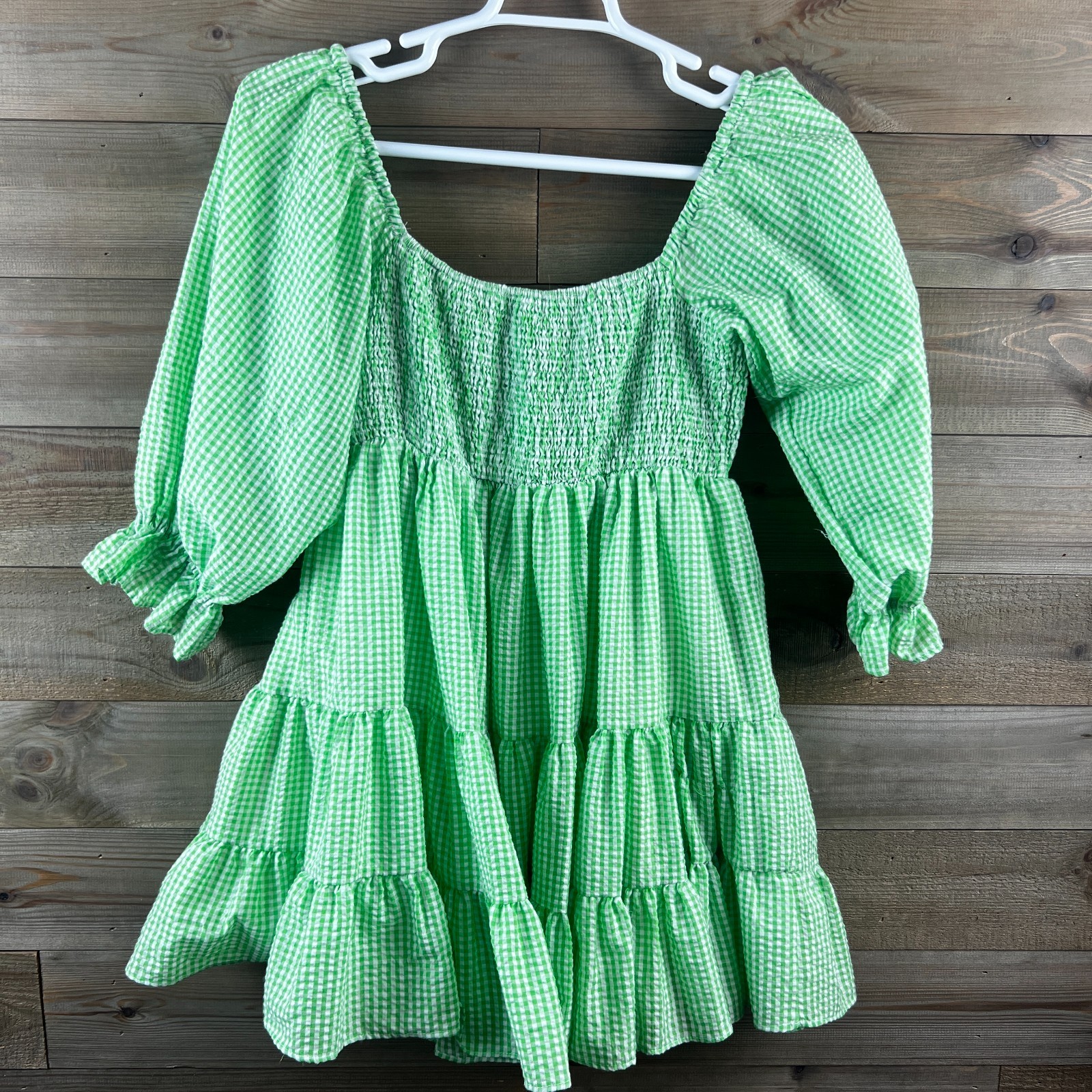 Mable Womens Dress Smocked Gingham Plaid Mini Babydoll Cottagecore Green Large