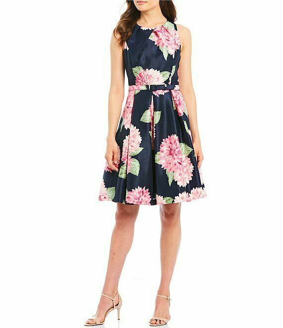 NEW JESSICA HOWARD NAVY BLUE PINK FLORAL BELTED DRESS SIZE 16 $99