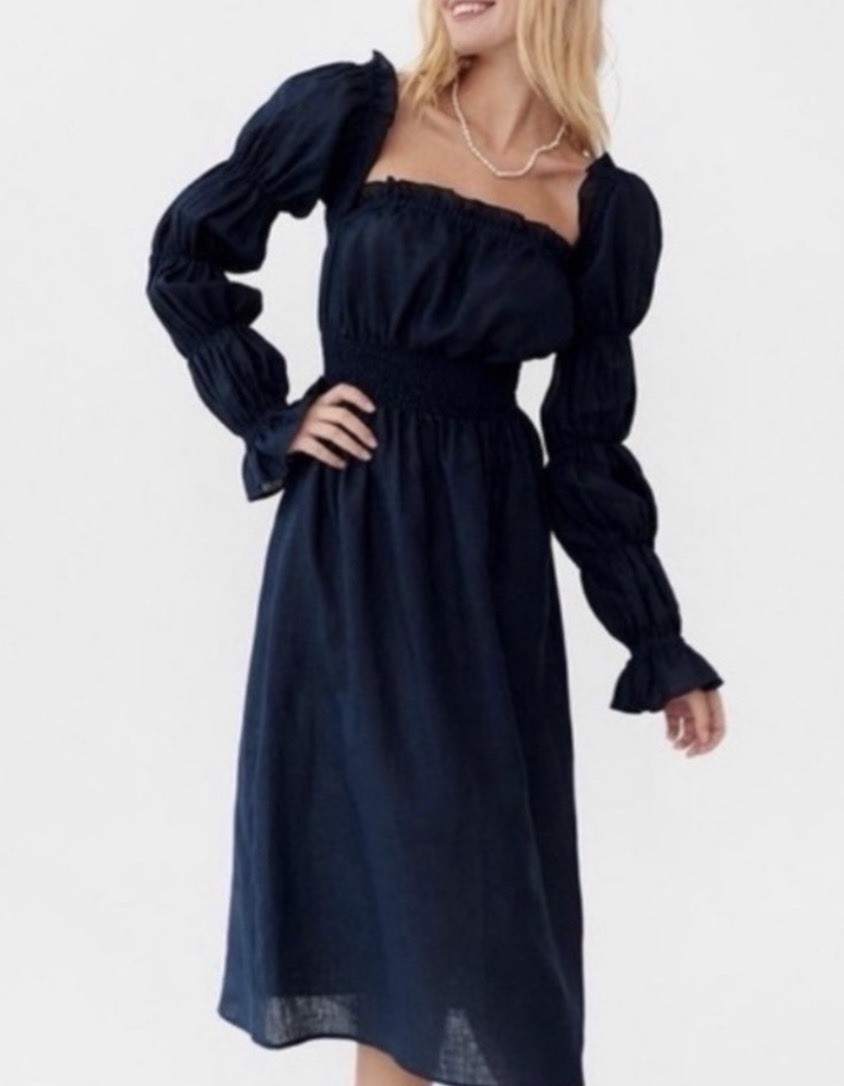 Sleeper Michelin Linen Dress M Navy Blue Smocked Waist Puff Sleeve Midi Ukraine