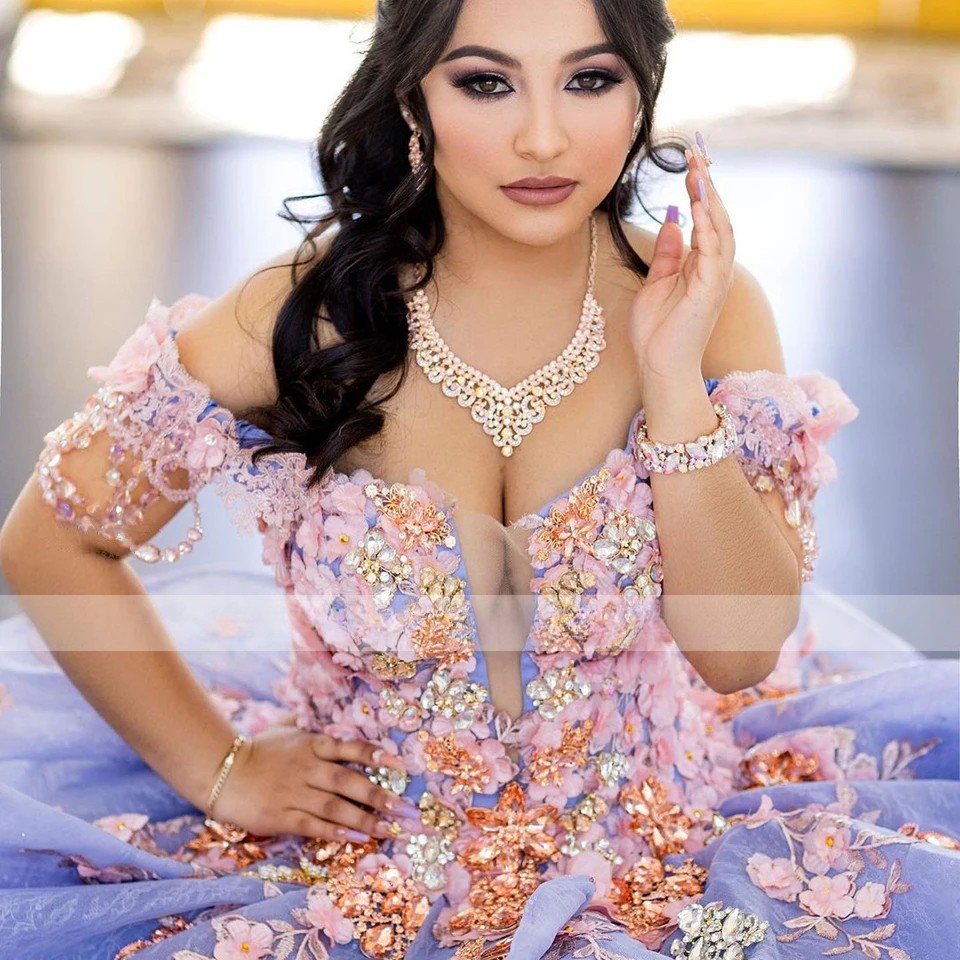 Lilac Princess Quinceanera Dresses Luxury 3D Flowers Beaded Ball Gowns Sweet 16
