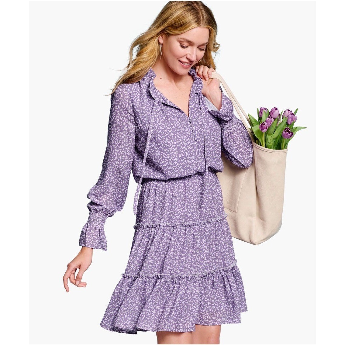Johnston & Murphy Tiered Printed Dress Women Small Purple Floral Lilac NWT Boho
