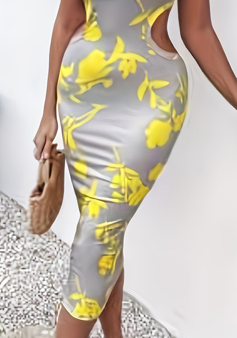 Medium. Midi Elegant Yellow & Grey, 1-Shoulder, Gorgeous Cutout Bodycon Dress