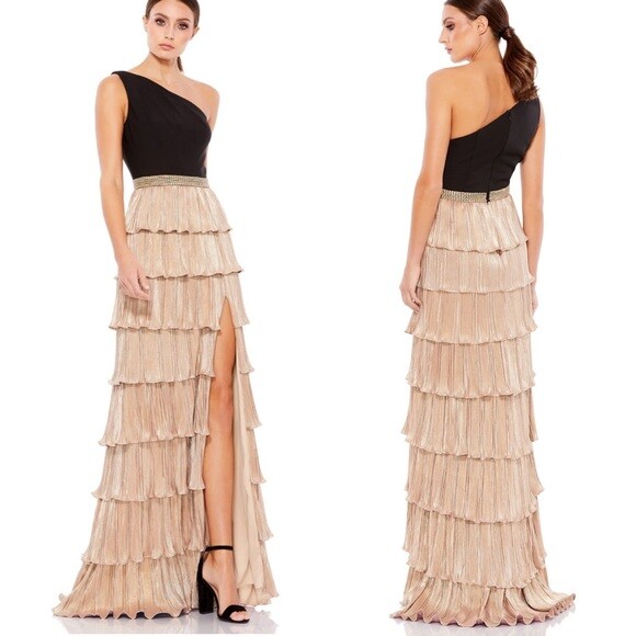 Mac Duggal Black And Gold One-Shoulder Ruffle Tiered Embellished Gown 10 $498