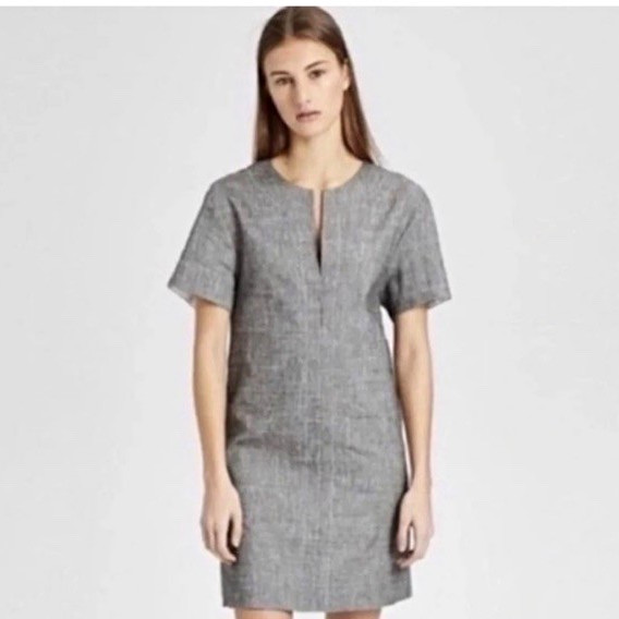 Women’s Theory Linen Blend Gray Shift Dress Short Sleeve Slit Front Sz M Capsule