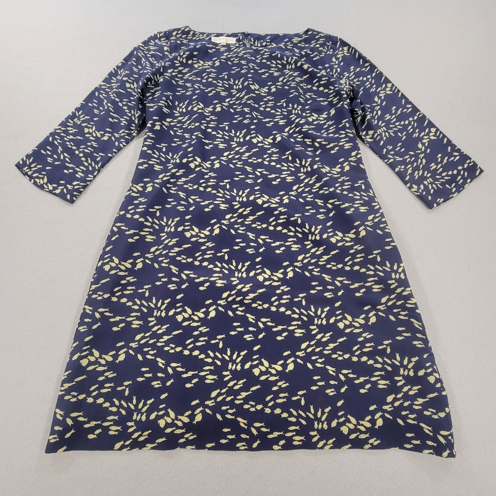 Britt Ryan 100% Silk Fish Print Shift Dress Navy 3/4 Sleeve Women’s Size 8