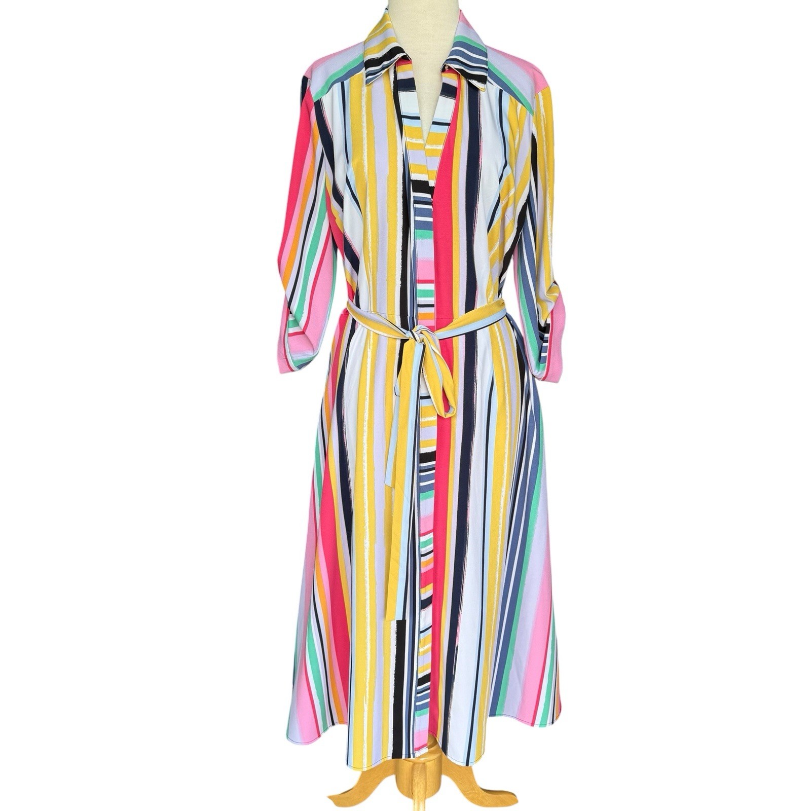 NY & Co Multicolor Striped Midi Shirt Dress Roll Tab Sleeve Belted Women’s Large