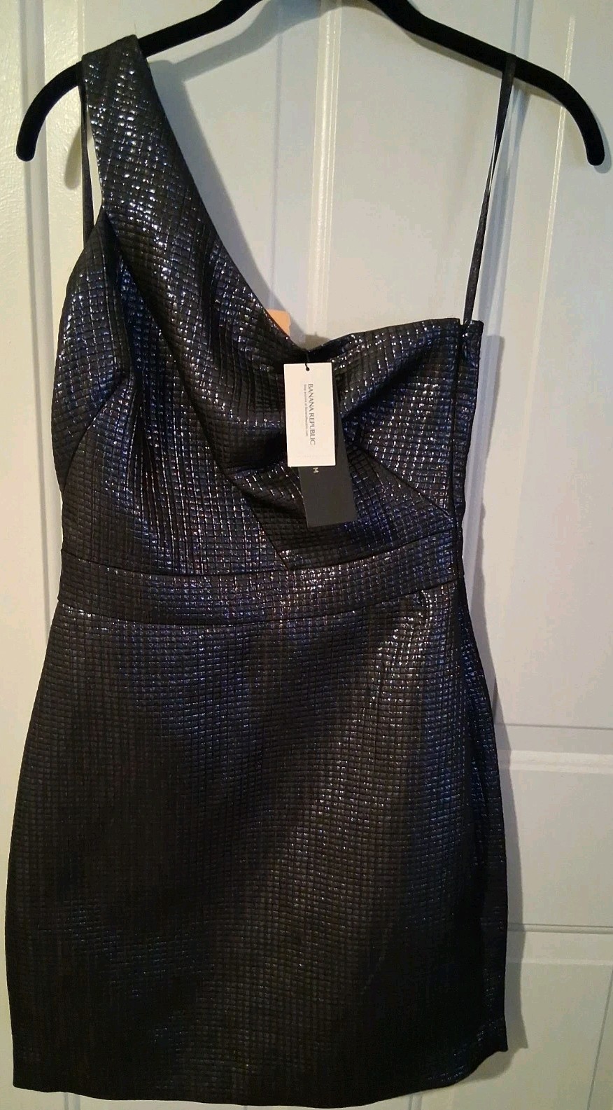 STUNNING!!! BANANA REPUBLIC MONOGRAM Charcoal Metallic One Shoulder Mini Dress 2
