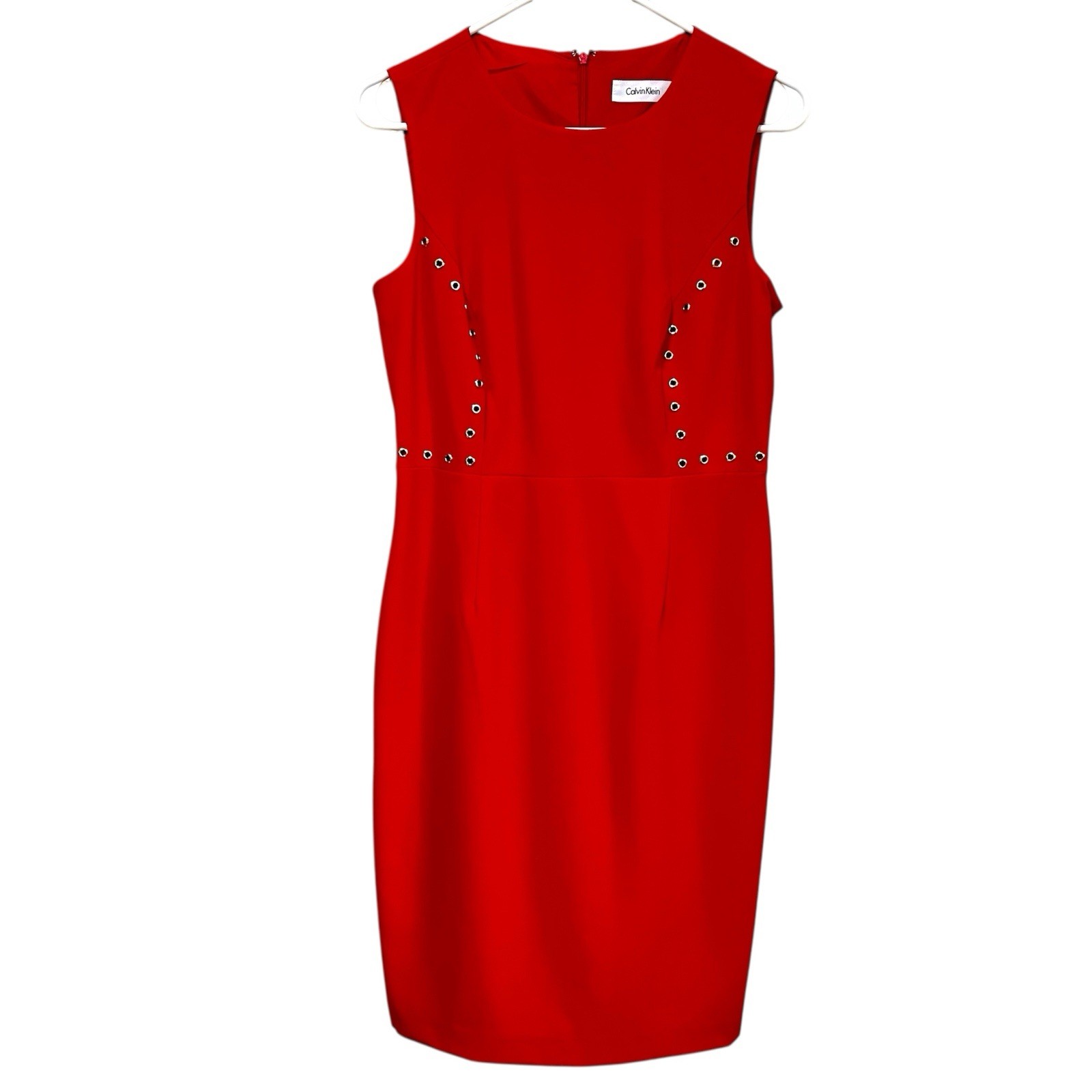 Calvin Klein Red Studded Classic Holiday Office Party Sleeveless Dress; Size 6