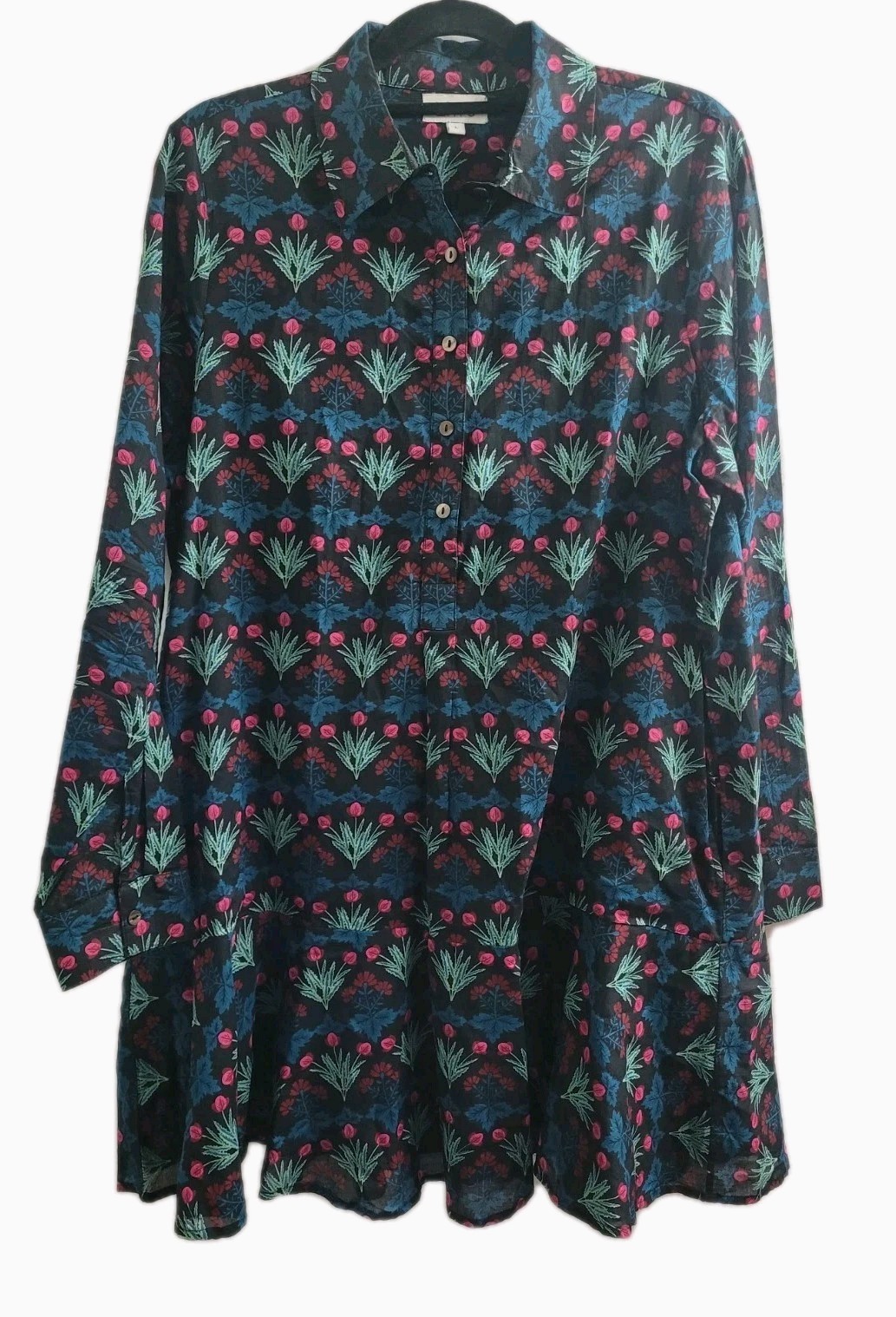 Livro Kurta Mini Shirt Dress L 100% Cotton India Floral Block Print Boho Cottage
