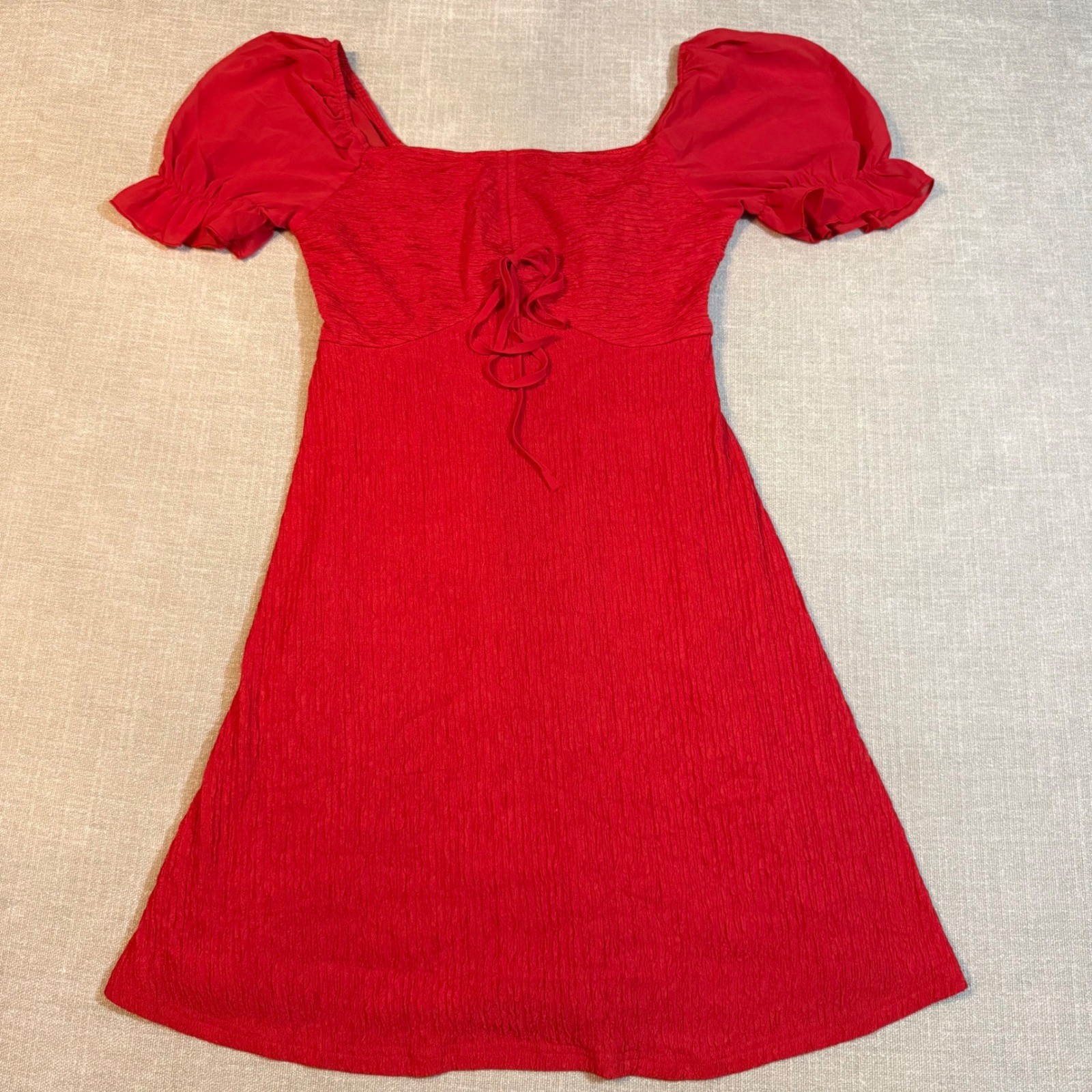 Red Puff Sleeve Mini Dress Size Large NWT Square Neck Lace Up Ruched Boho