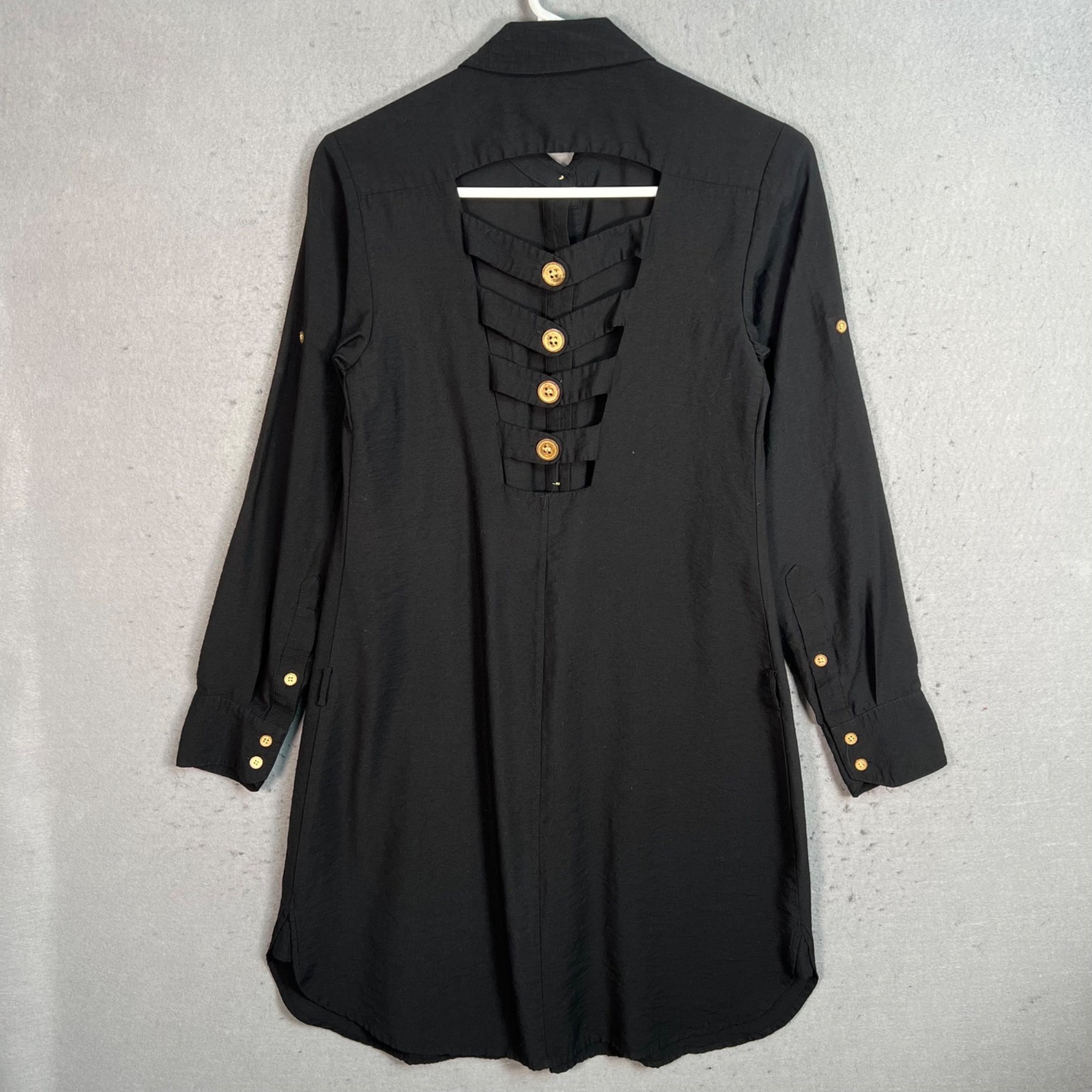 Rachel Roy Black Button-Down Long Sleeve Tunic Shirt Size 0 Back Button Detail