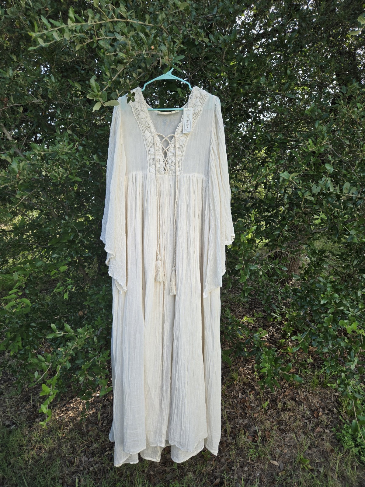 Jen’s Pirate Booty Women’s Ivory Boho Maxi Dress Crochet Lace Tassel TieSize M/L