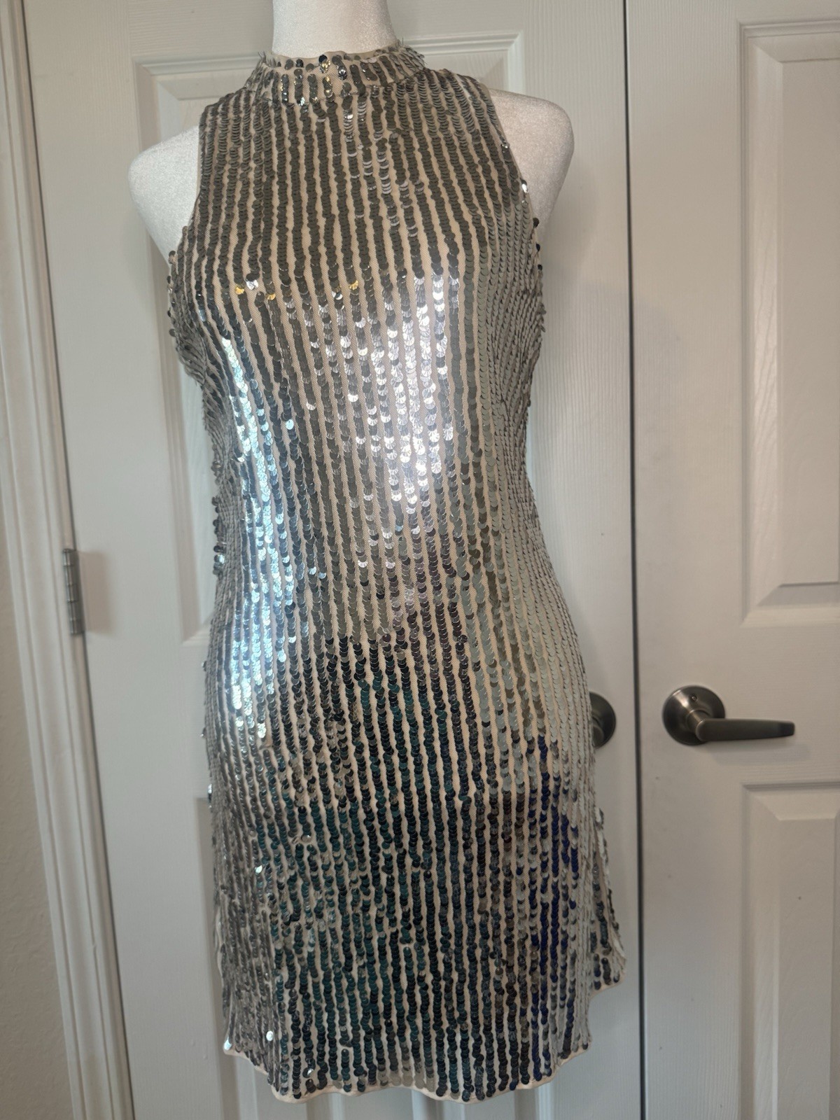 Mademli Boutique Silver Sequin Solid High Neck keyhole Back Bodycon Mini Dress S