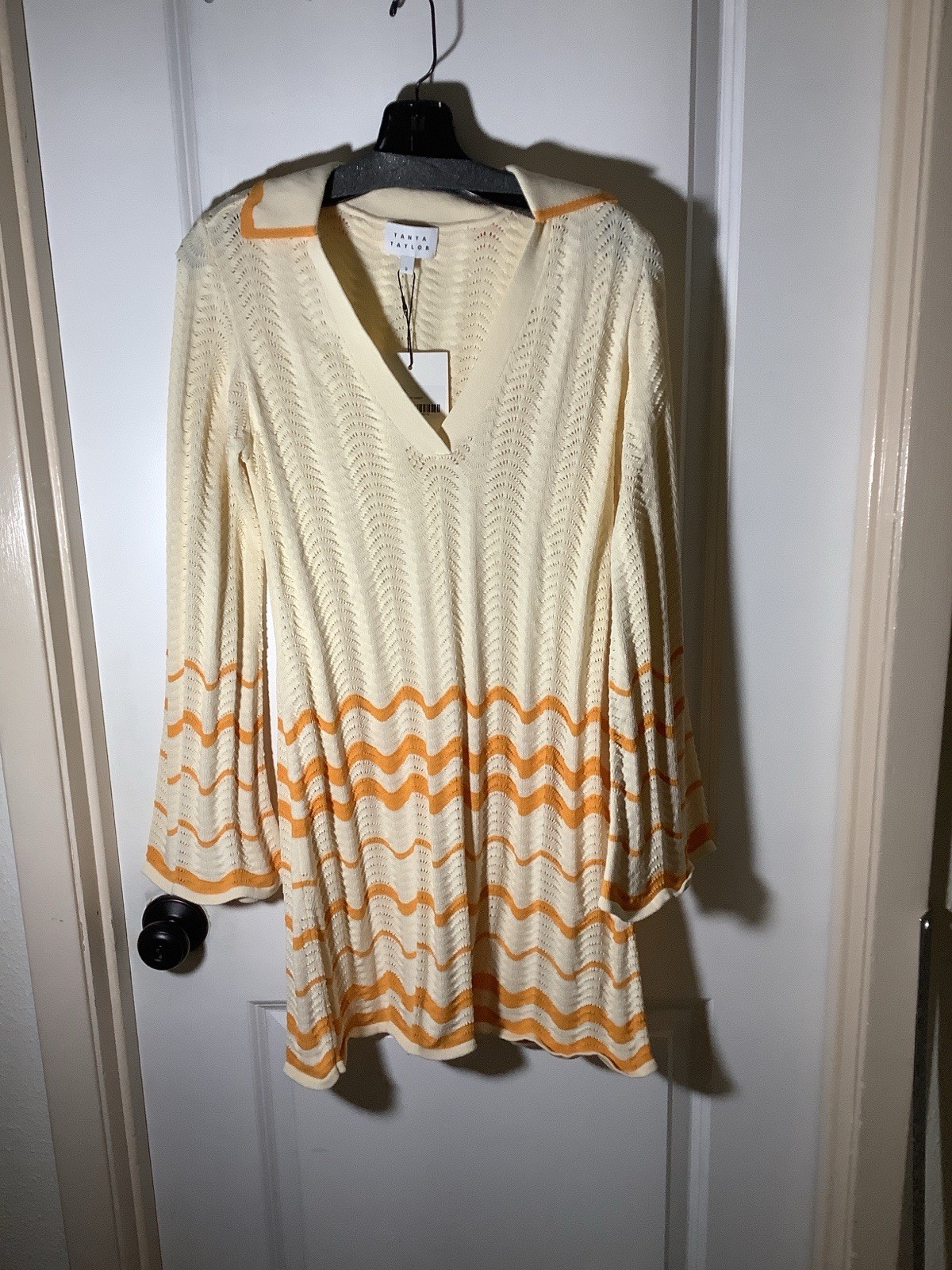 NWT Tanya Taylor Miles Knit Dress Size S Cream Orange Bell Sleeve V-Neck Crochet