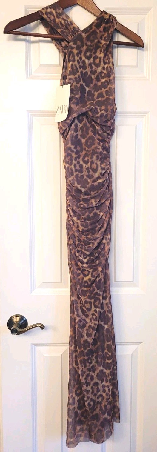 ZARA Leopard Print Ruched V-Neck Sleeveless Maxi Dress Brown/Black Size S