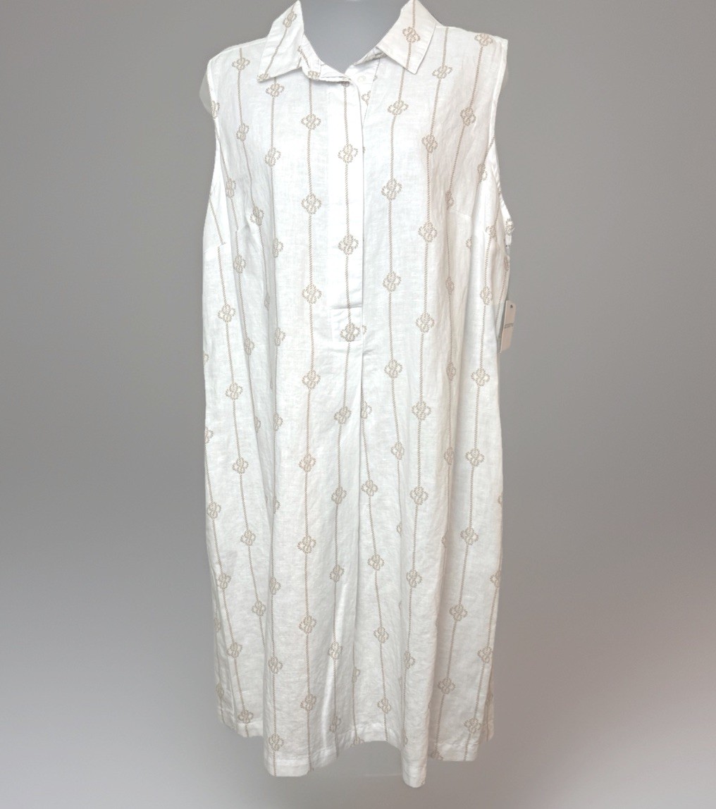 Liz Claiborne Shift Dress Large White Flax Rope Print Sleeveless Linen Women NWT
