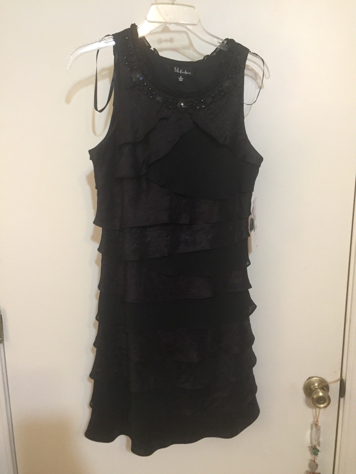 S.L. Fashions Sz 8 Black Beaded Layered Ruffle Evening Party Cruise Dress