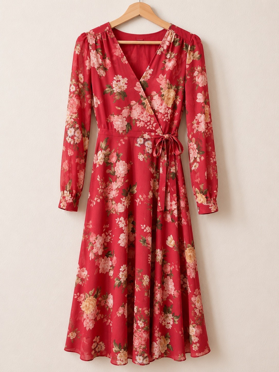 Vince Camuto Floral Wrap Midi Dress XXS Pink Long Sleeve Tie Waist NWT
