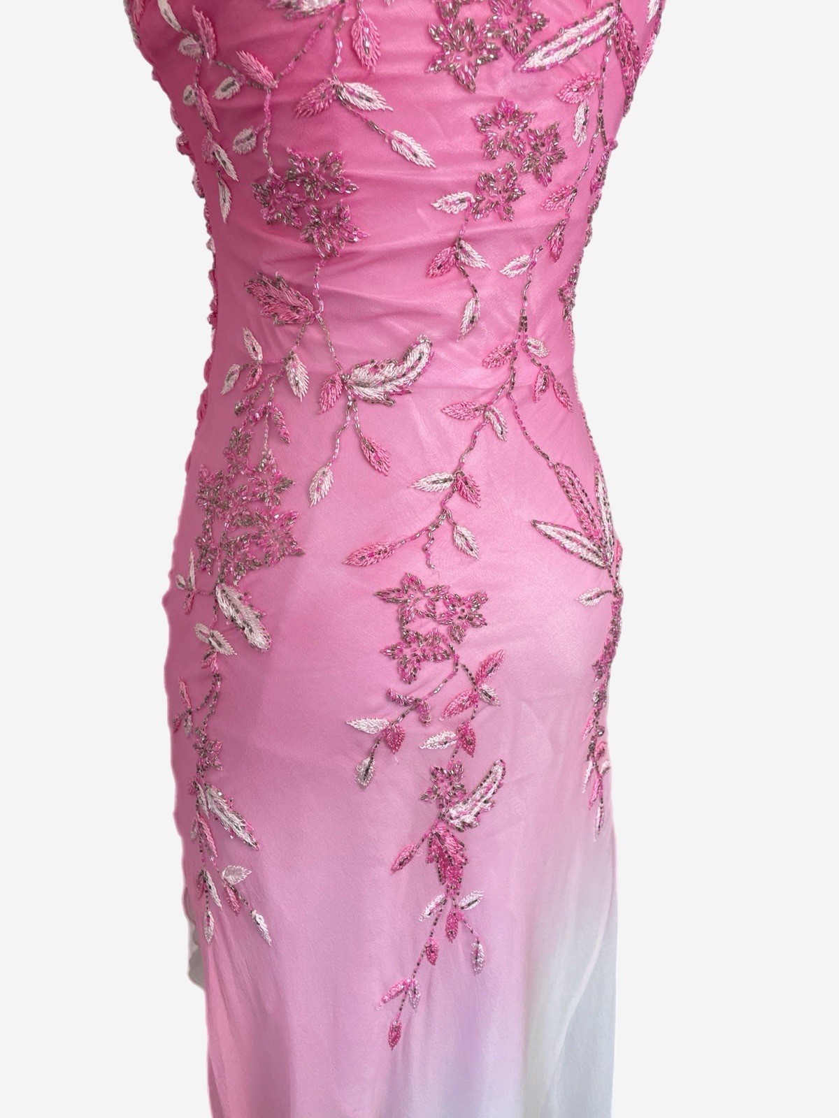 Vintage Y2K Cache Pink white silk ombre floral beaded asymmetric dress fairy XS