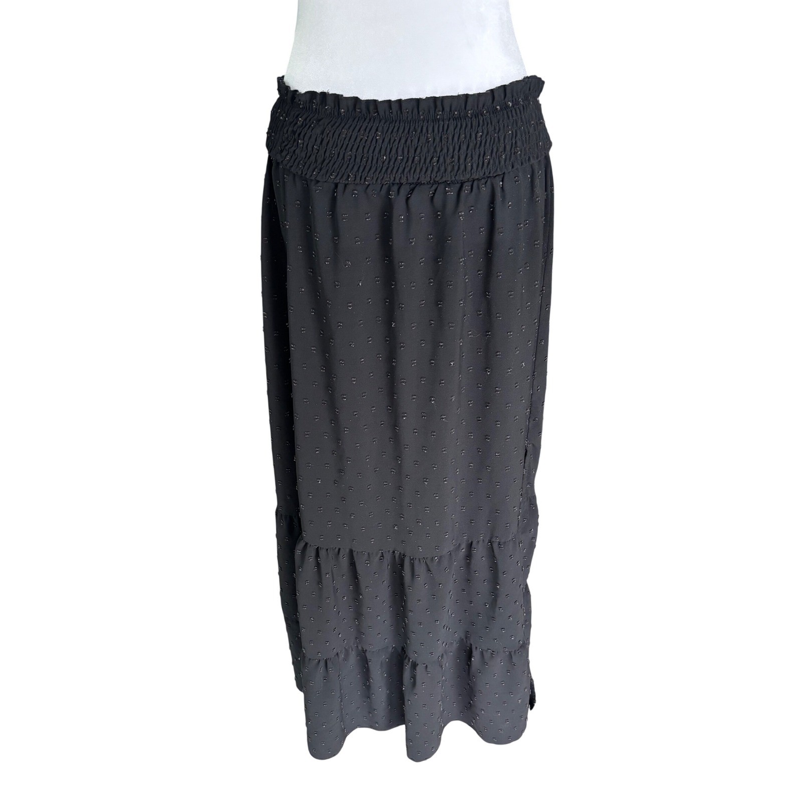 Black Swiss Dot Smocked Tiered Maxi Skirt Strapless Dress Boho Whimsigoth Small