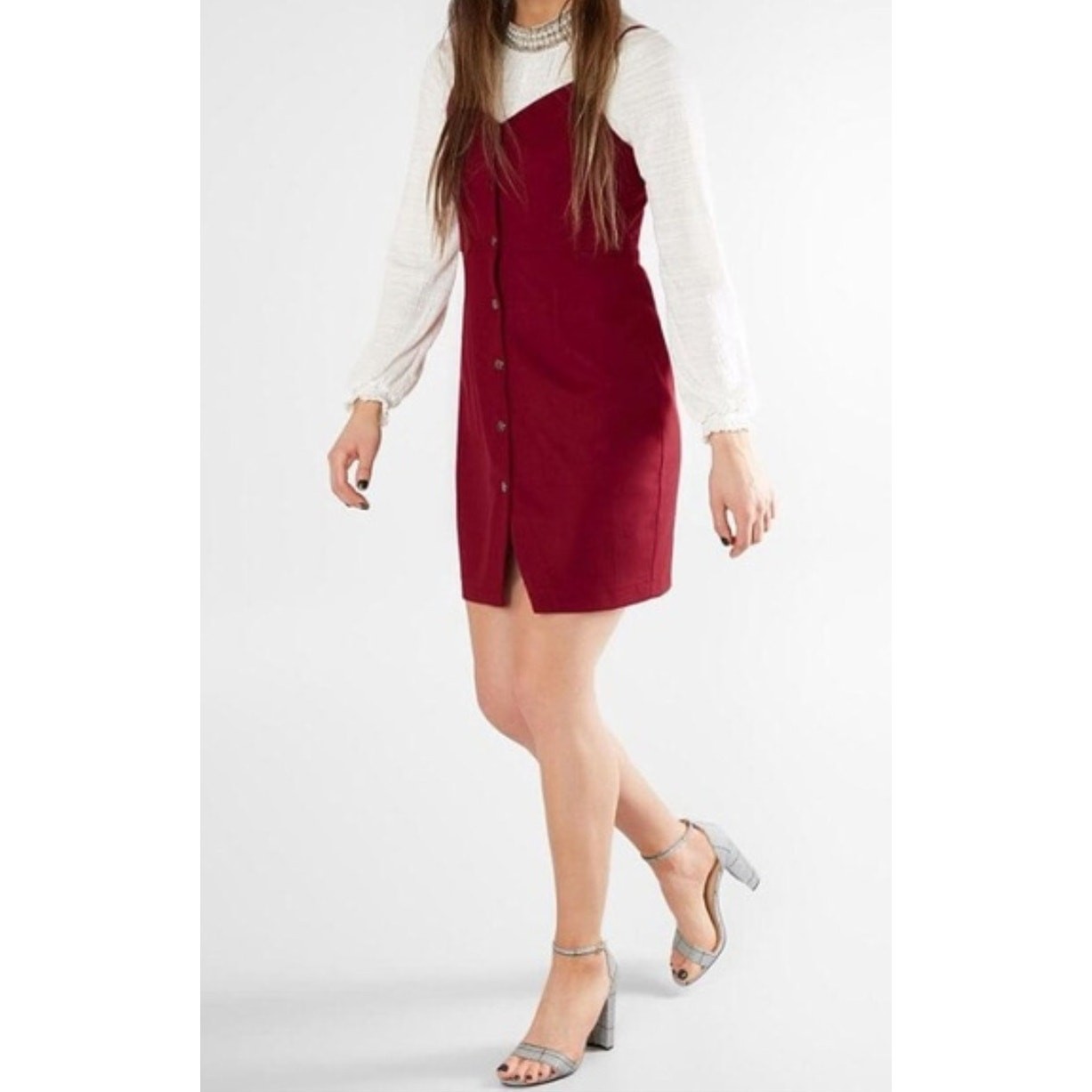 Gimmicks Buckle Dark Red Sleeveless Mini Dress Sz S Sweetheart Neck Snap Button