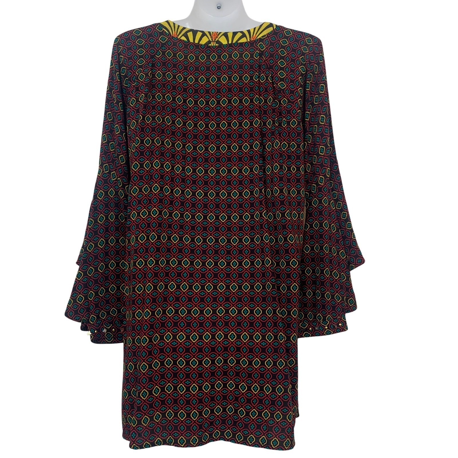Polka Dots Women’s M Geometric Medallion Tiered Bell Sleeve Tunic Mini Dress
