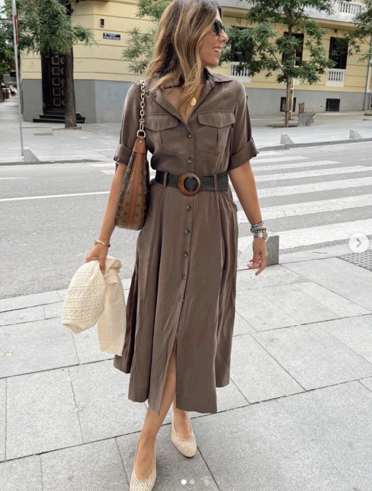 ZARA NEW WOMAN MIDI BELTED FLOWY SHIRT DRESS BROWN SIZE S 2157/039/700