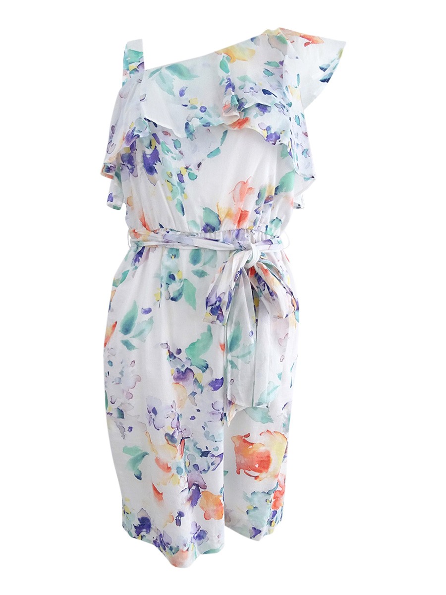 Calvin Klein Women’s Printed One-Shoulder Flounce Dress