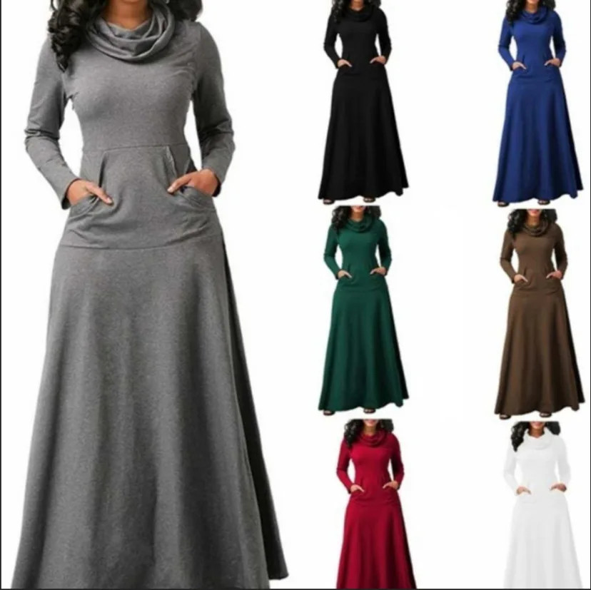 Plus Size 5XL Elegant Long Maxi Dress spring Winter Warm High Collar Women