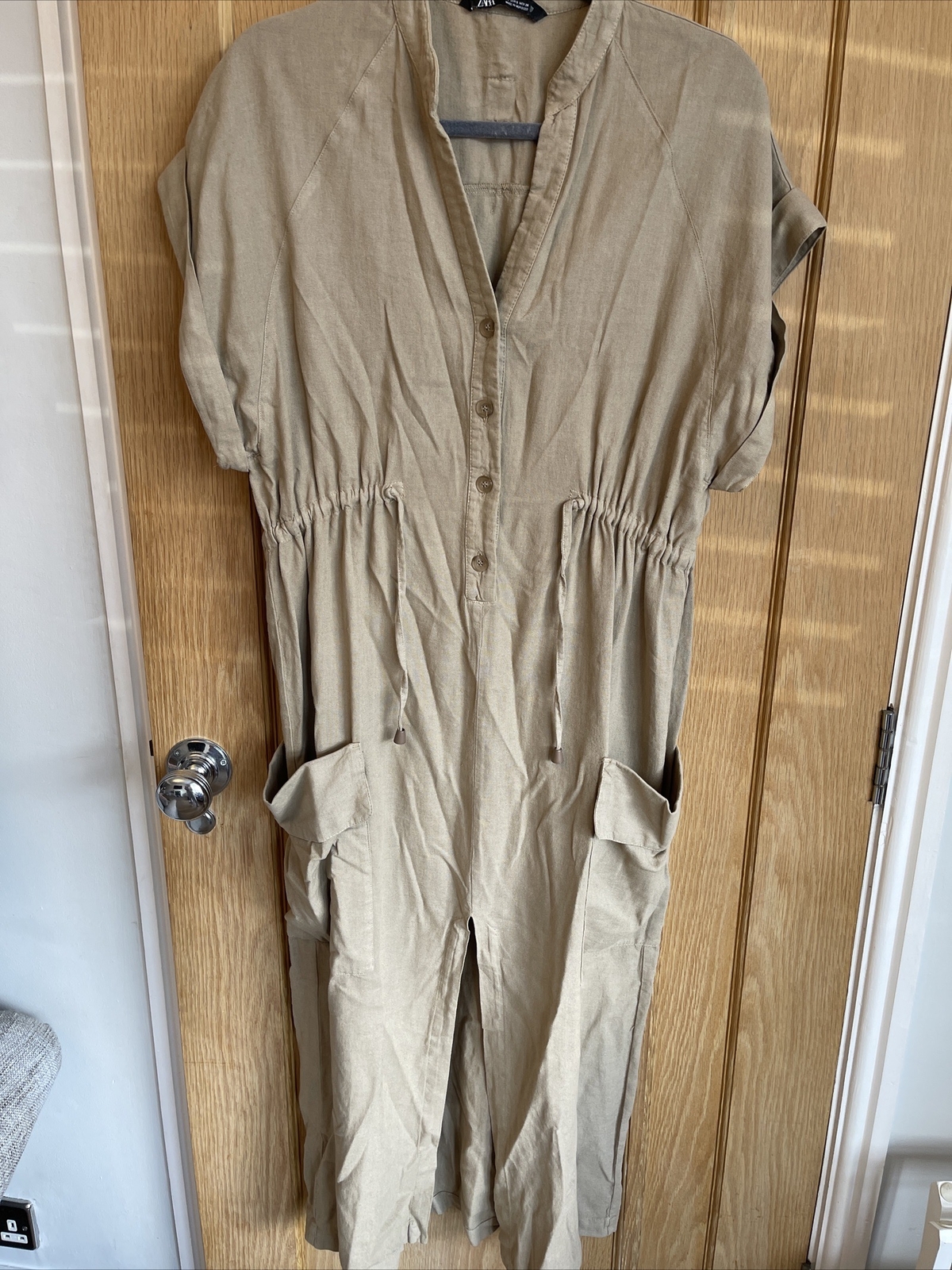 ZARA ECRU SAND MIDI DRESS SIZE S WITH DRAWSTRING SIDES AND POCKETS BNWOT