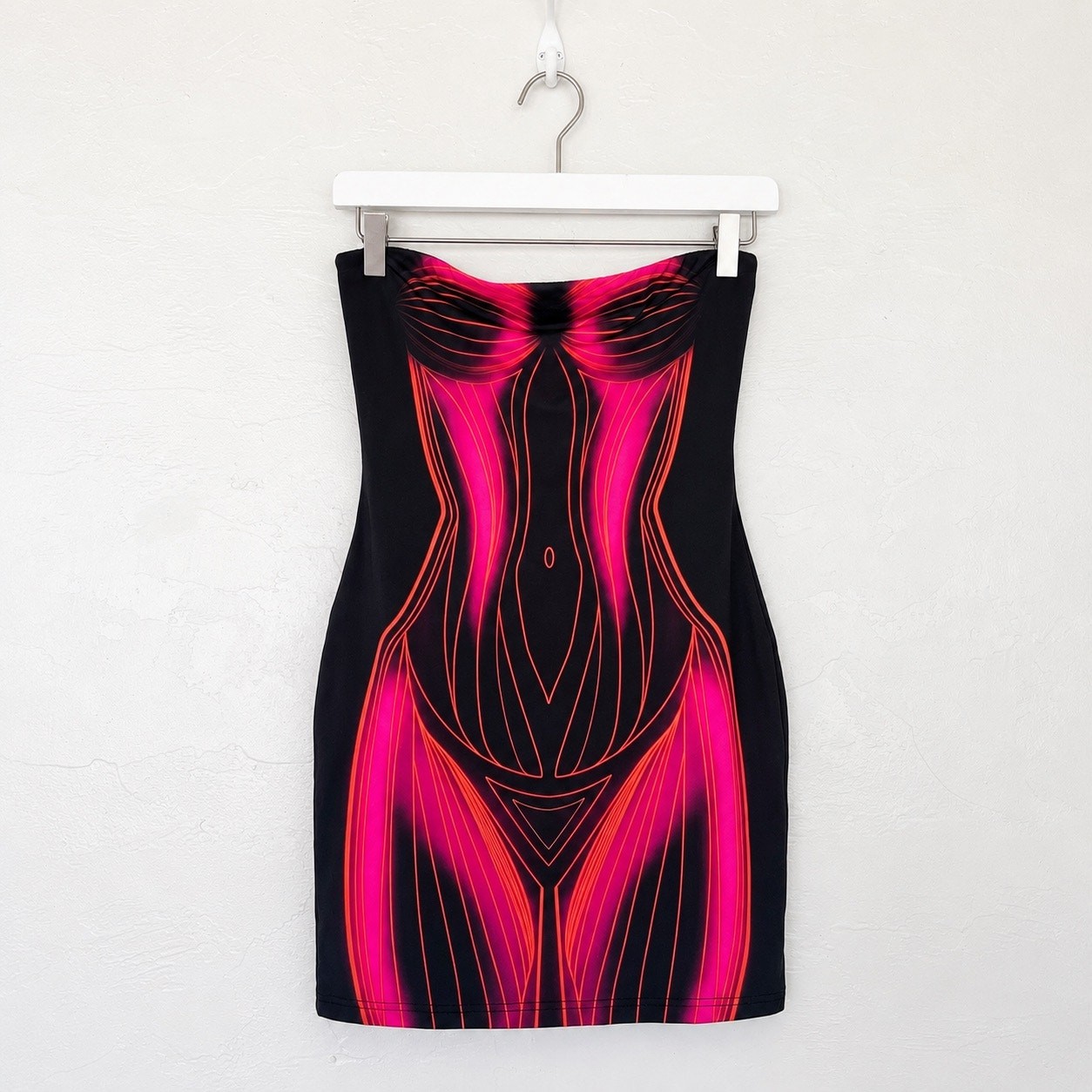 White Fox Strapless Bodycon Mini Dress Small Neon Pink Black Rave